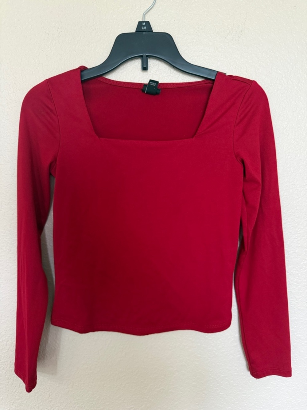 Girls Red Square Neck Long Sleeve Top